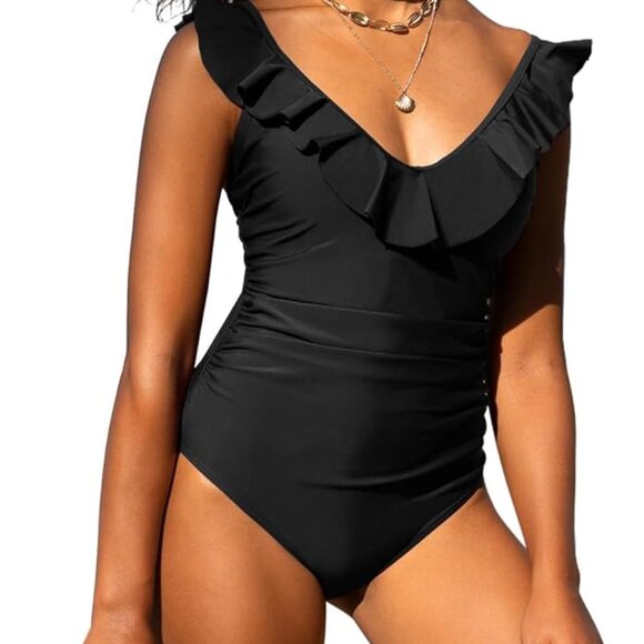 NWT Hilor Black One-Piece Swimsuit Size L Ruched Ruffle Tummy Control Swimwear - Picture 1 of 9